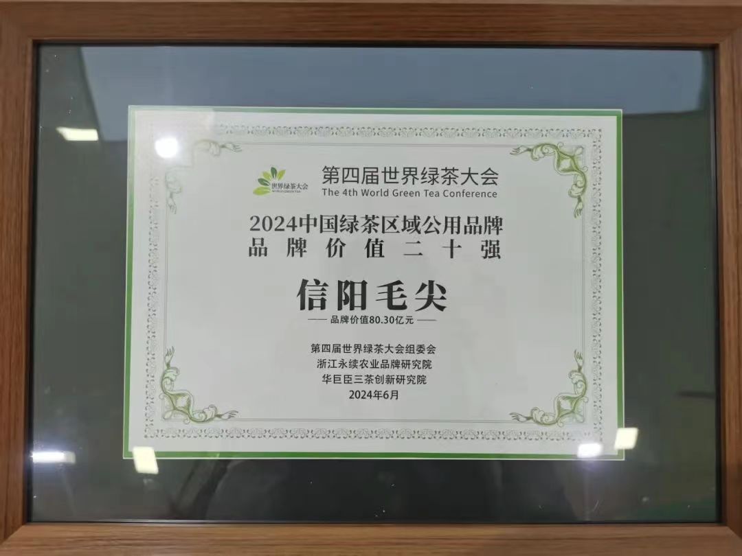 信阳毛尖荣获2024年中国绿茶区域公用品牌价值榜第二名